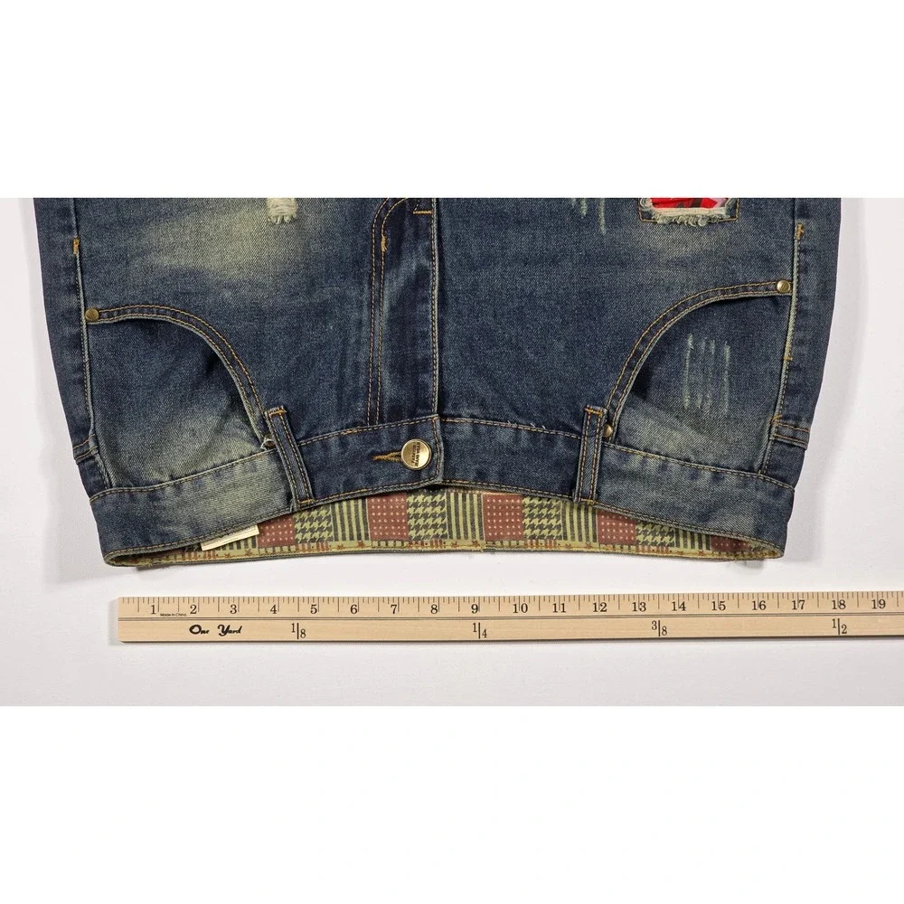 Fashion Jeans Wear Men's Distressed Denim Shorts Blue Red Camo Patchwork Size 34
